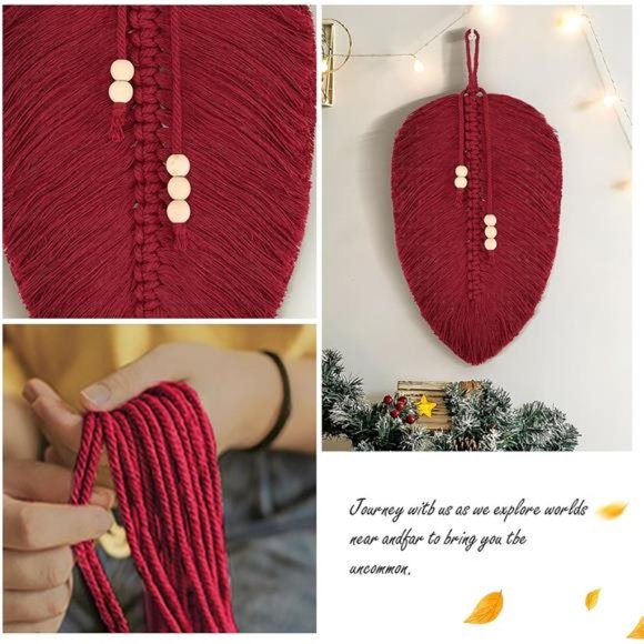 Wine Red Macrame Leaf Wall Hanging,Boho Wall Decor Handmade Macrame Wall Hanging - Picture 2 of 6